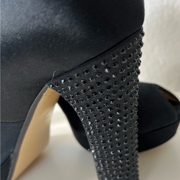 8.5 Michael Kors Satin Rhinestone Studded Heel Woman's Peep Toe Black Shoe Pumps - Picture 11 of 12